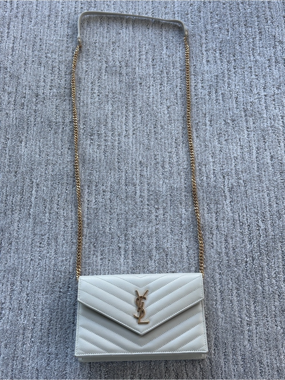 Saint Laurent Cream Quilted Leather Envelope Crossbody with Gold Chain